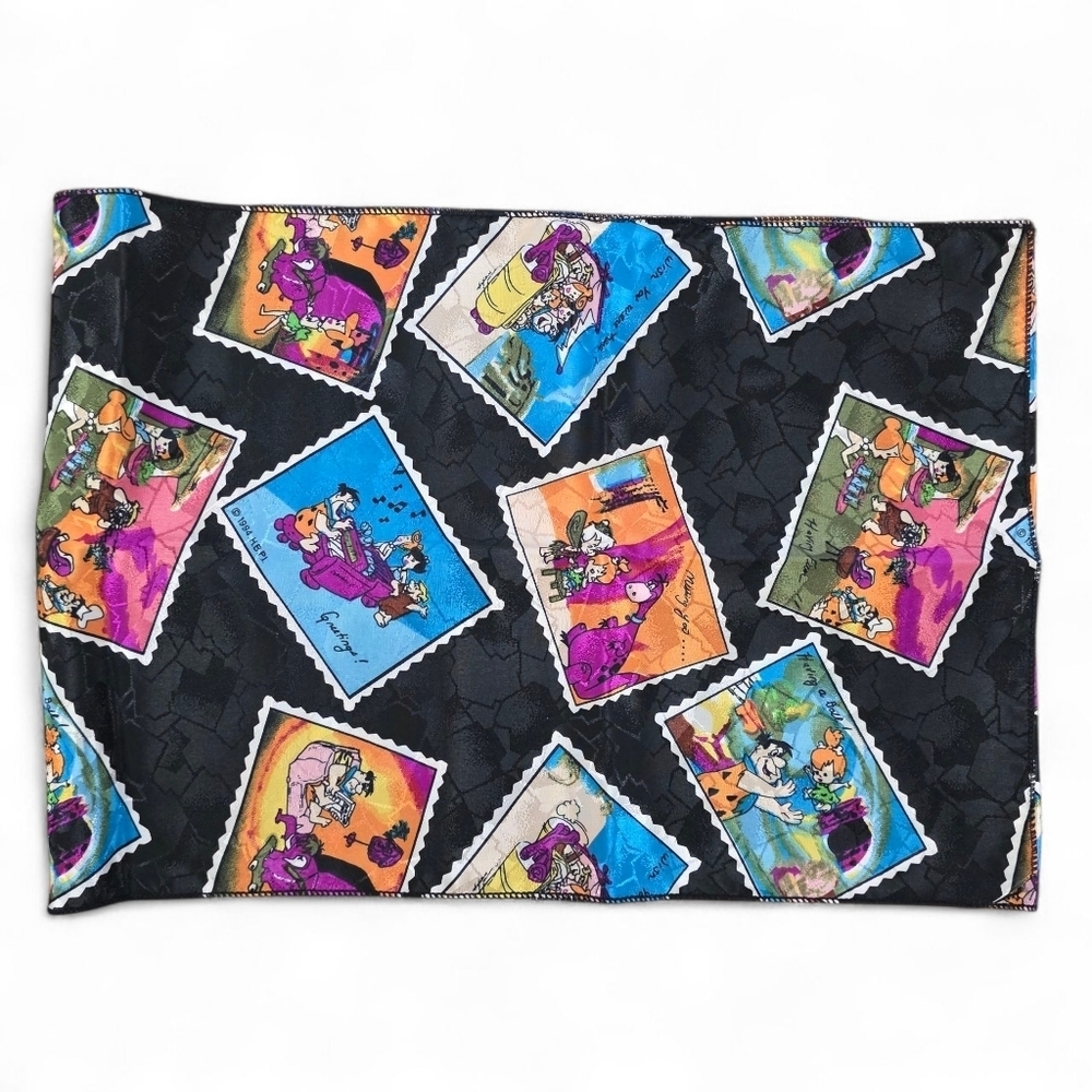 Vintage 90s Flintstones Cartoon Print Scarf Black Colorful Novelty Retro Y2K